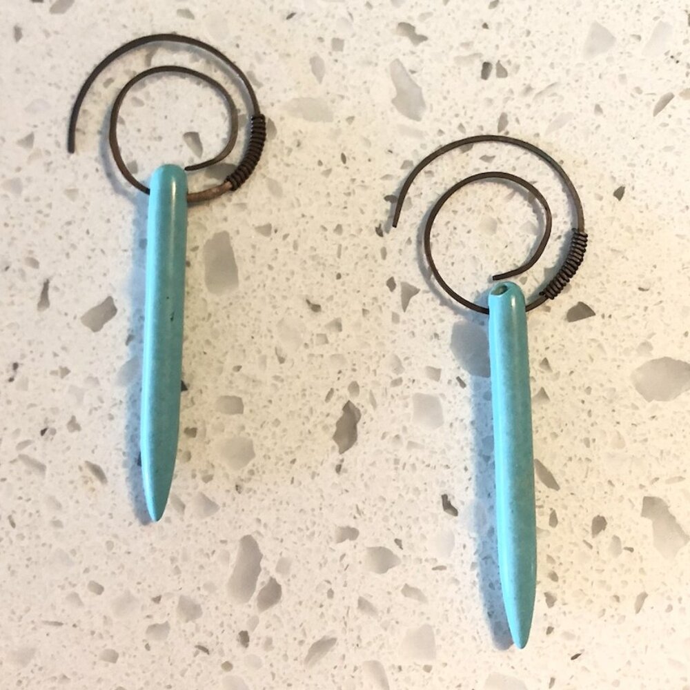 Boho Copper Spiral & Turquoise Dagger Earrings – Handmade Statement